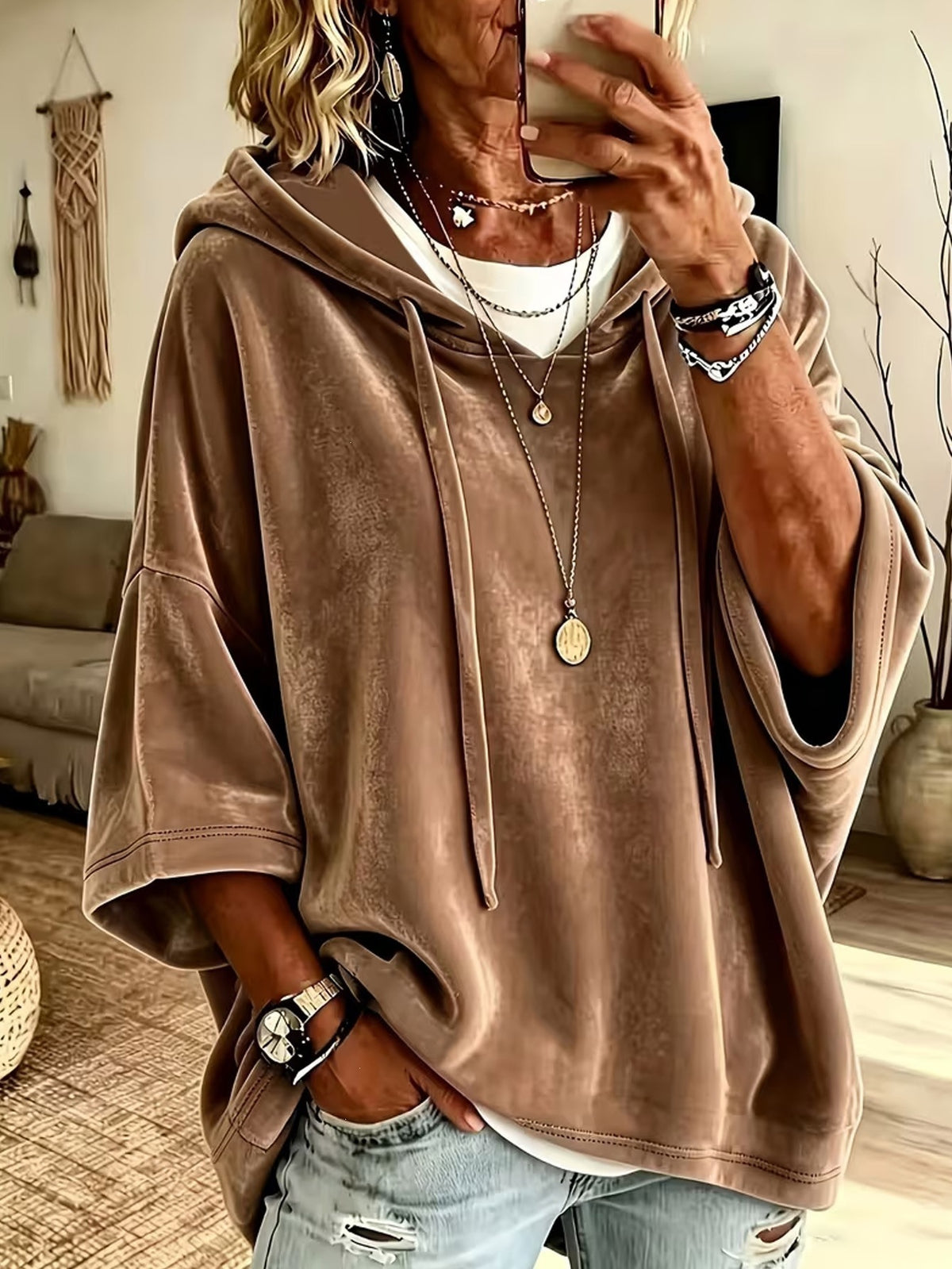 Women's Velvet Oversized Hoodie - Soft Batwing Pullover Hooded Sweatshirt