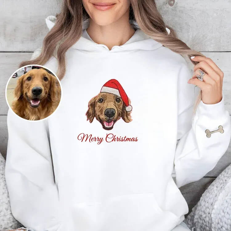 Embroidered Pet Portrait Christmas Sweatshirt Hoodie with Pet Face Gift for Pet Lovers