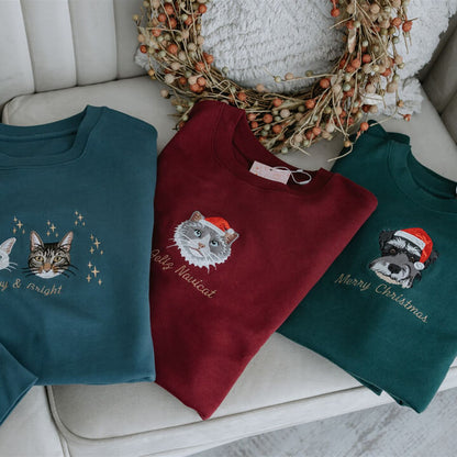 Custom Embroidered Pet Portrait Christmas Jumper Sweatshirt Hoodie – Personalized Xmas Gift for Dog & Cat Lovers