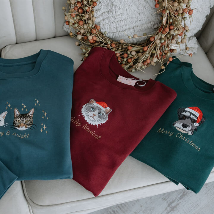 Embroidered Pet Portrait Christmas Sweatshirt Hoodie with Pet Face Gift for Pet Lovers