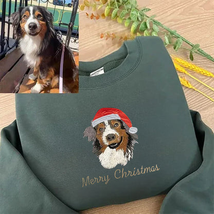Embroidered Pet Portrait Christmas Sweatshirt Hoodie with Pet Face Gift for Pet Lovers