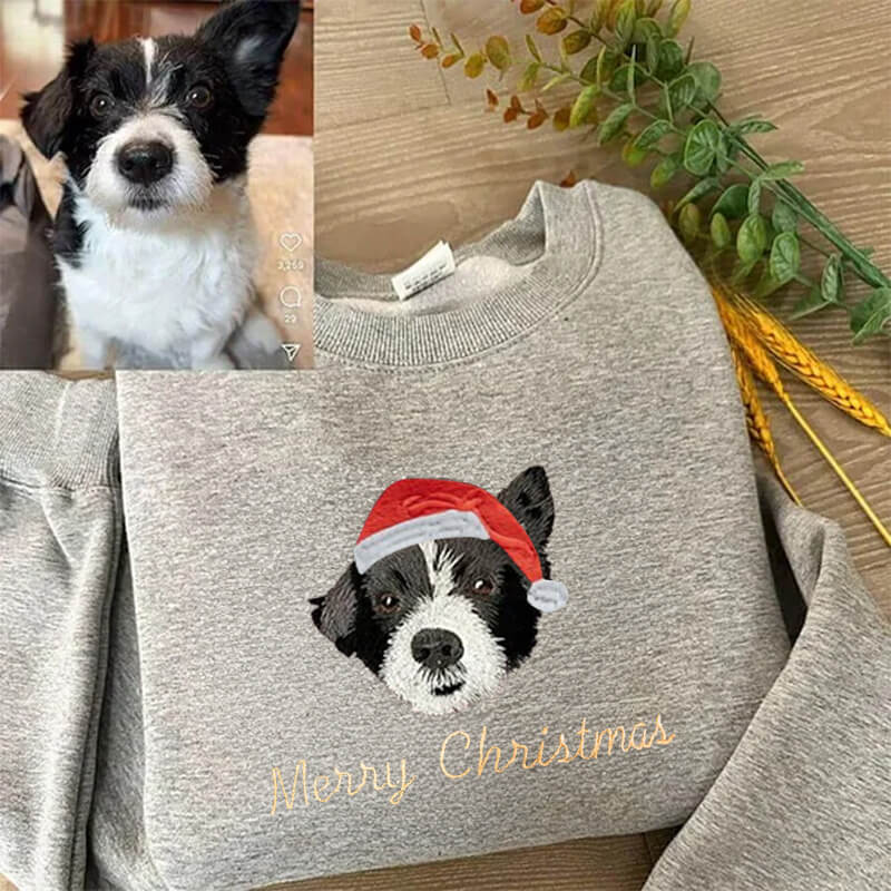 Embroidered Pet Portrait Christmas Sweatshirt Hoodie with Pet Face Gift for Pet Lovers