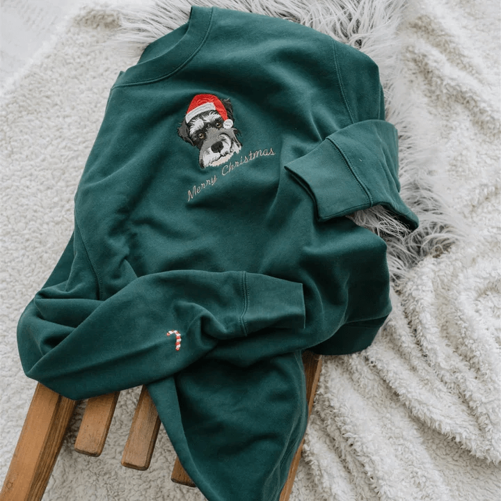 Embroidered Pet Portrait Christmas Sweatshirt Hoodie with Pet Face Gift for Pet Lovers