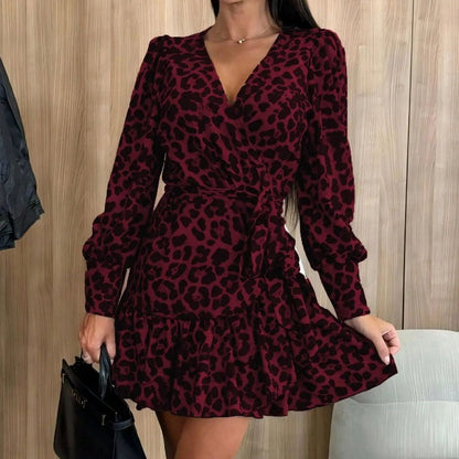 💖Limited Sale 49% OFF💖Leopard Print Wrap V-Neck Waist Tie Dress