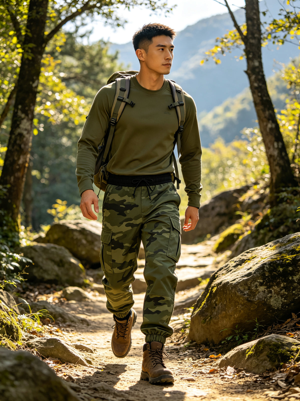 Men's Lightweight Camo Cargo Pants — Drawstring Tapered Hiking & Work Joggers