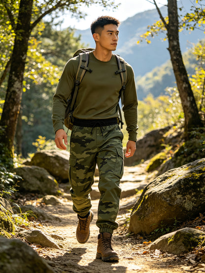 Men's Lightweight Camo Cargo Pants — Drawstring Tapered Hiking & Work Joggers