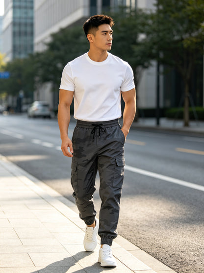 Men's Lightweight Camo Cargo Pants — Drawstring Tapered Hiking & Work Joggers