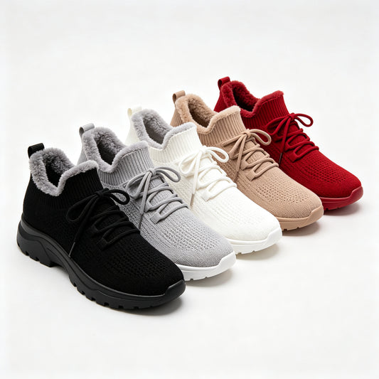 Women's Fleece-Lined Knit Sneakers — Warm Plush Lining Lace-Up Winter Shoes