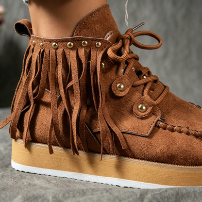Women's Plus-Size Fringed Ankle Boots — Warm Plush-Lined Retro Lace-Up Boots