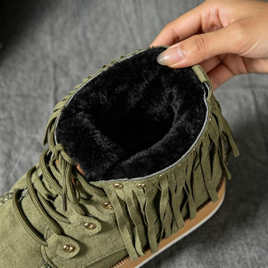 Women's Plus-Size Fringed Ankle Boots — Warm Plush-Lined Retro Lace-Up Boots