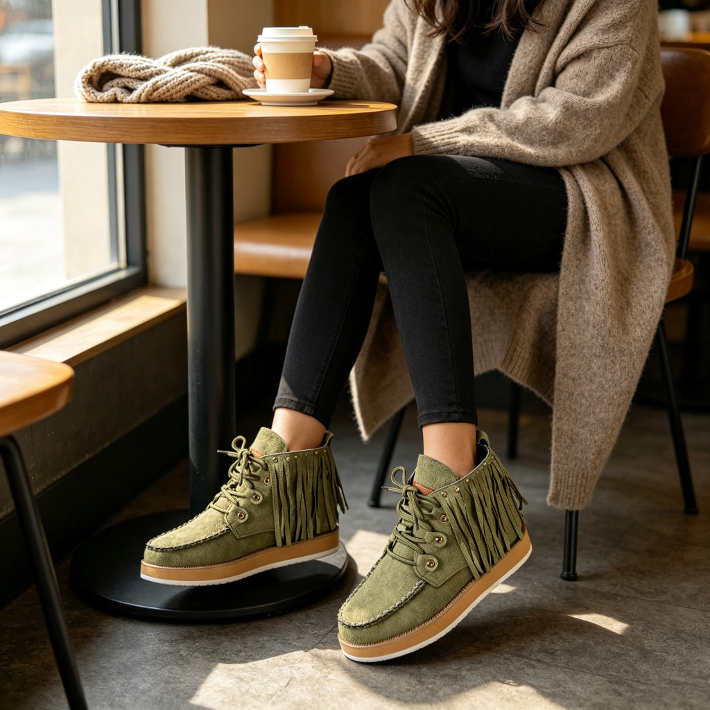 Women's Plus-Size Fringed Ankle Boots — Warm Plush-Lined Retro Lace-Up Boots
