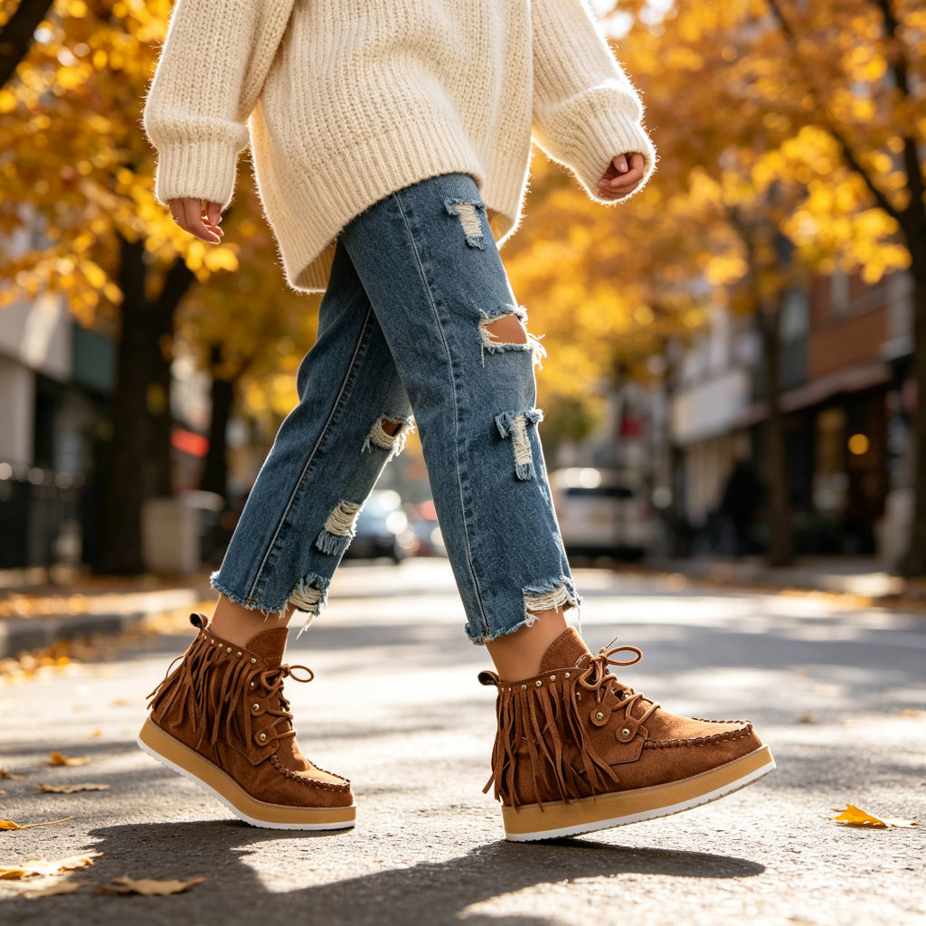 Women's Plus-Size Fringed Ankle Boots — Warm Plush-Lined Retro Lace-Up Boots