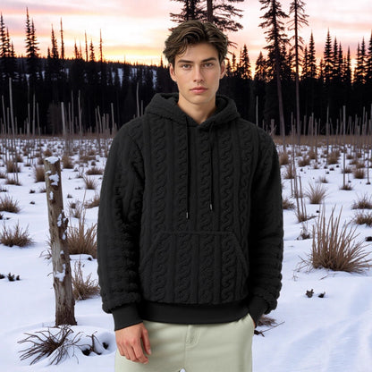 Men's Reversible Fleece Hoodie — Jacquard Knit Warm Pullover with Pockets