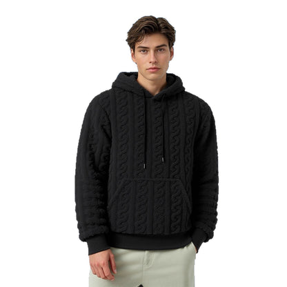 Men's Reversible Fleece Hoodie — Jacquard Knit Warm Pullover with Pockets