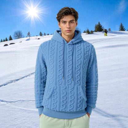 Men's Reversible Fleece Hoodie — Jacquard Knit Warm Pullover with Pockets