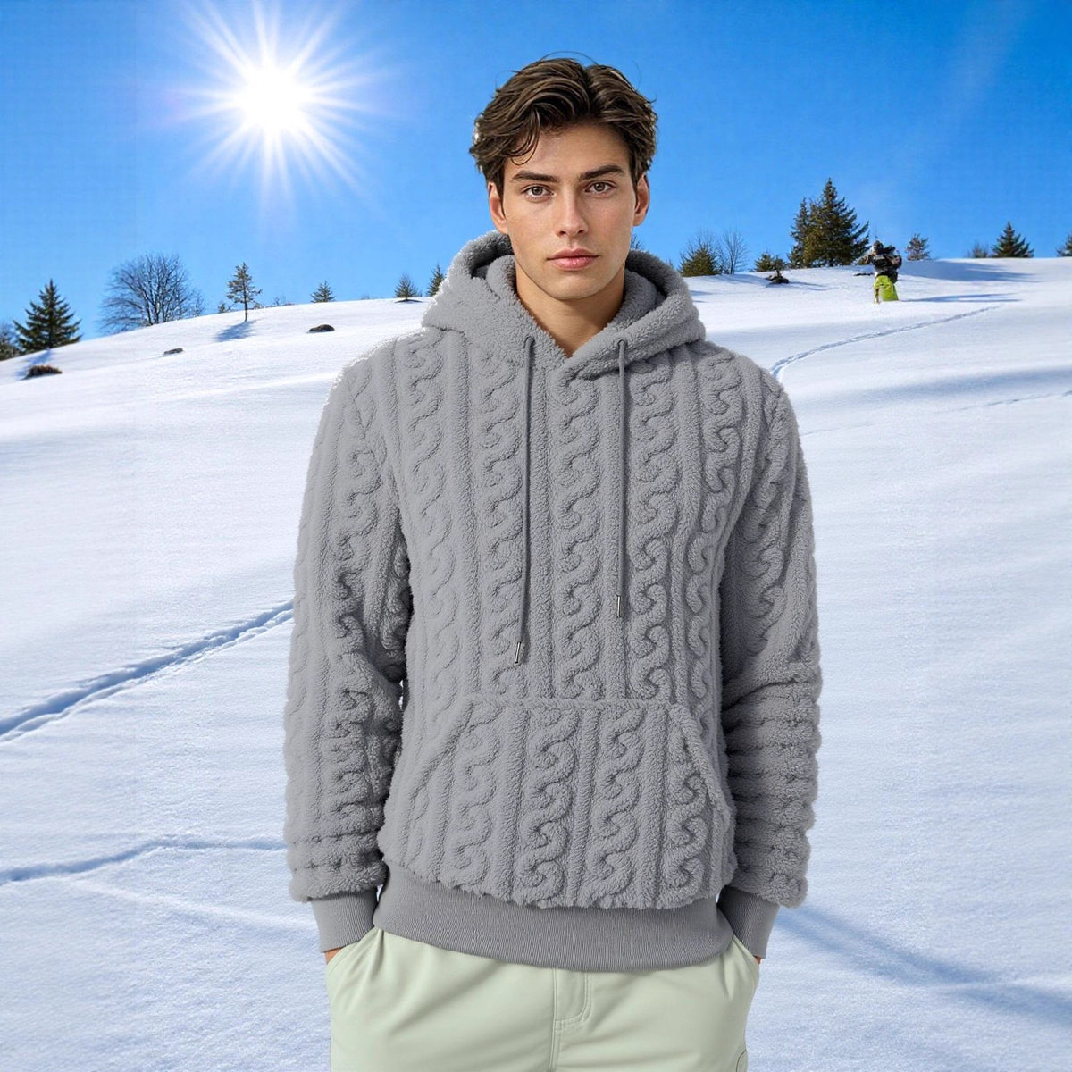 Men's Reversible Fleece Hoodie — Jacquard Knit Warm Pullover with Pockets