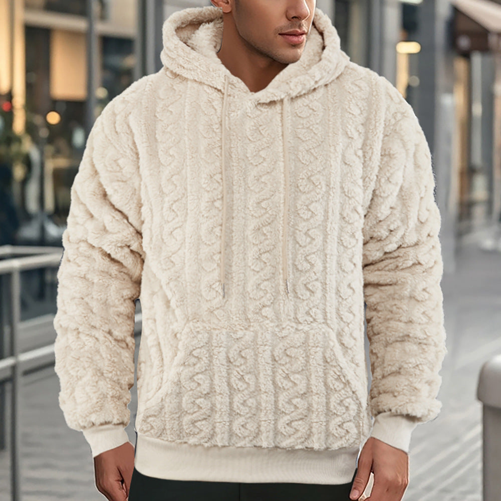 Men's Reversible Fleece Hoodie — Jacquard Knit Warm Pullover with Pockets