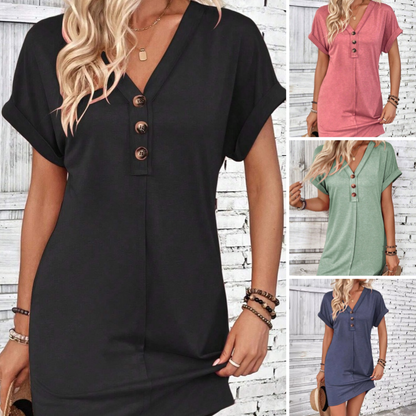 Bestseller – Limited Time Discount! 🔥⏰Women's Fashion Hundred Solid Color Button V Neck Roll Sleeve Dresses
