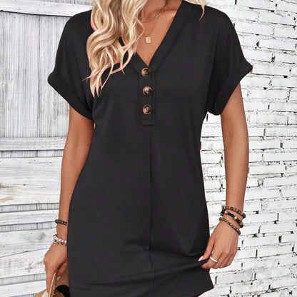 Bestseller – Limited Time Discount! 🔥⏰Women's Fashion Hundred Solid Color Button V Neck Roll Sleeve Dresses