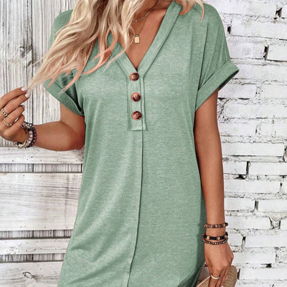 Bestseller – Limited Time Discount! 🔥⏰Women's Fashion Hundred Solid Color Button V Neck Roll Sleeve Dresses