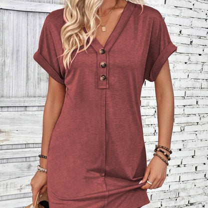 Bestseller – Limited Time Discount! 🔥⏰Women's Fashion Hundred Solid Color Button V Neck Roll Sleeve Dresses