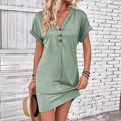 Bestseller – Limited Time Discount! 🔥⏰Women's Fashion Hundred Solid Color Button V Neck Roll Sleeve Dresses