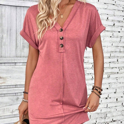 Bestseller – Limited Time Discount! 🔥⏰Women's Fashion Hundred Solid Color Button V Neck Roll Sleeve Dresses