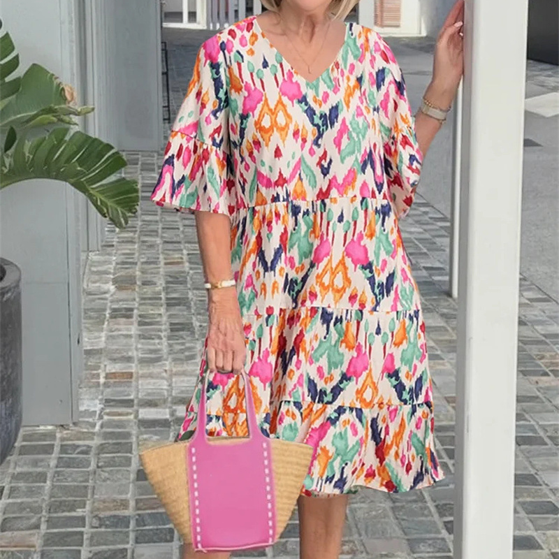 V-Neck Printed Midi Dress