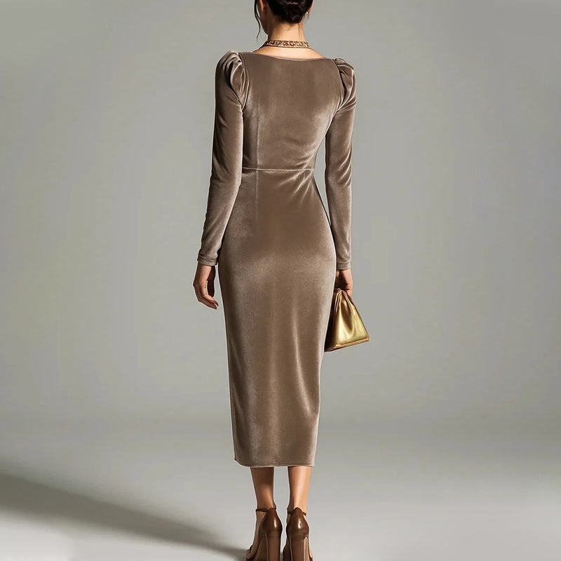 Long Sleeve Cowl Neck Ruched Slit Dress