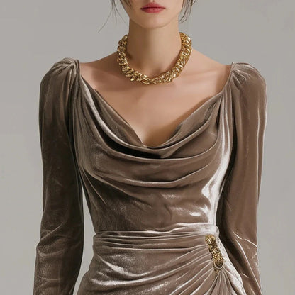 Long Sleeve Cowl Neck Ruched Slit Dress