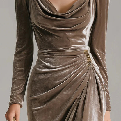 Long Sleeve Cowl Neck Ruched Slit Dress
