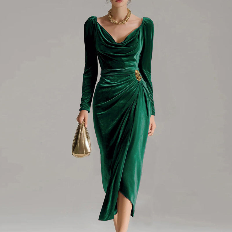 Long Sleeve Cowl Neck Ruched Slit Dress