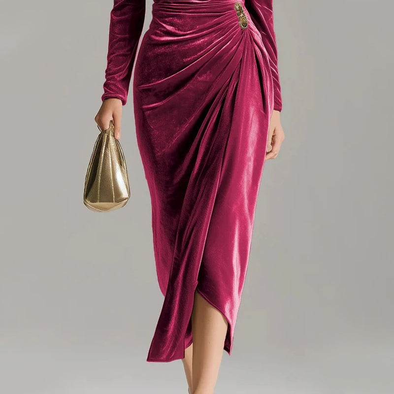 Long Sleeve Cowl Neck Ruched Slit Dress