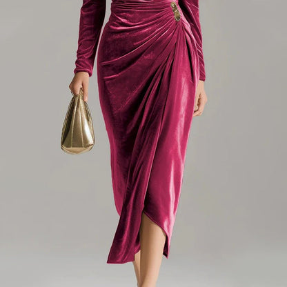 Long Sleeve Cowl Neck Ruched Slit Dress