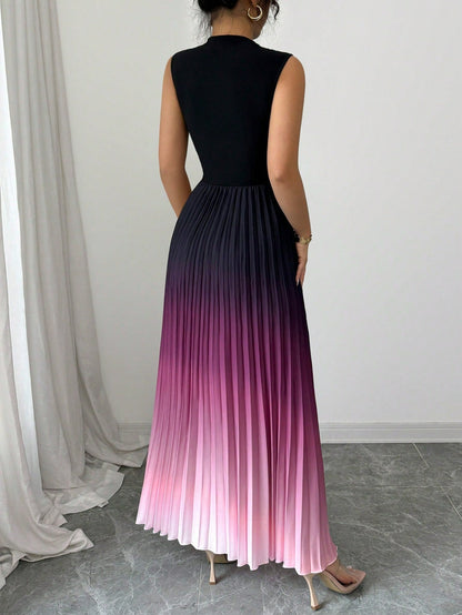 👗Ombre Pleated Sleeveless Mock Neck Maxi Dress❤️