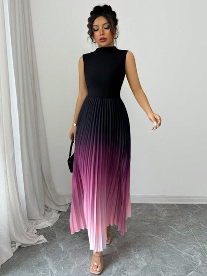 👗Ombre Pleated Sleeveless Mock Neck Maxi Dress❤️