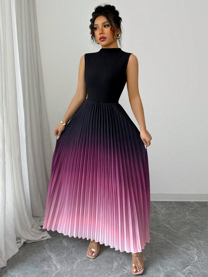 👗Ombre Pleated Sleeveless Mock Neck Maxi Dress❤️