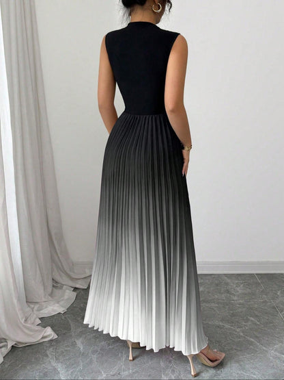 👗Ombre Pleated Sleeveless Mock Neck Maxi Dress❤️