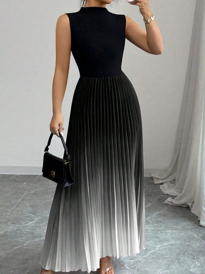 👗Ombre Pleated Sleeveless Mock Neck Maxi Dress❤️