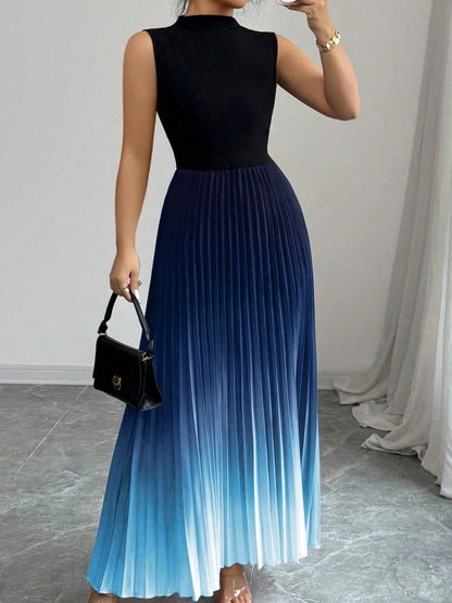 👗Ombre Pleated Sleeveless Mock Neck Maxi Dress❤️
