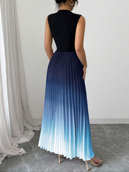 👗Ombre Pleated Sleeveless Mock Neck Maxi Dress❤️