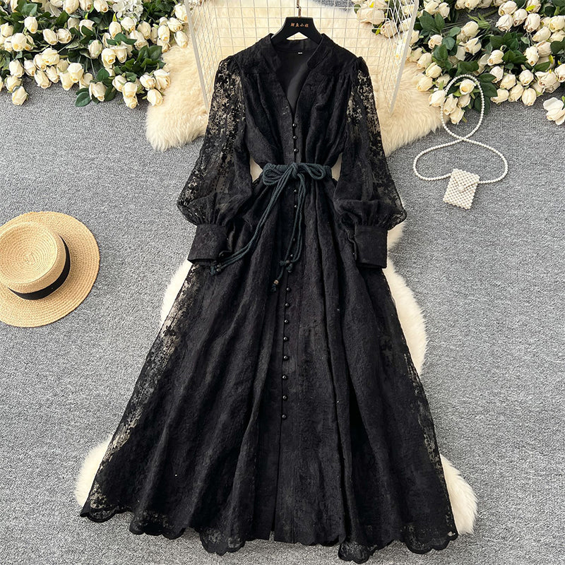 Vintage Embroidered Lantern Sleeve Dress