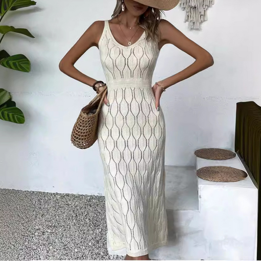 Elegant V-Neck Pointelle Knit Dress