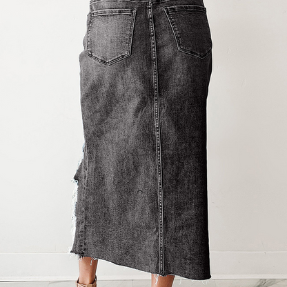 Women's High-Waist Ripped Denim Midi Skirt