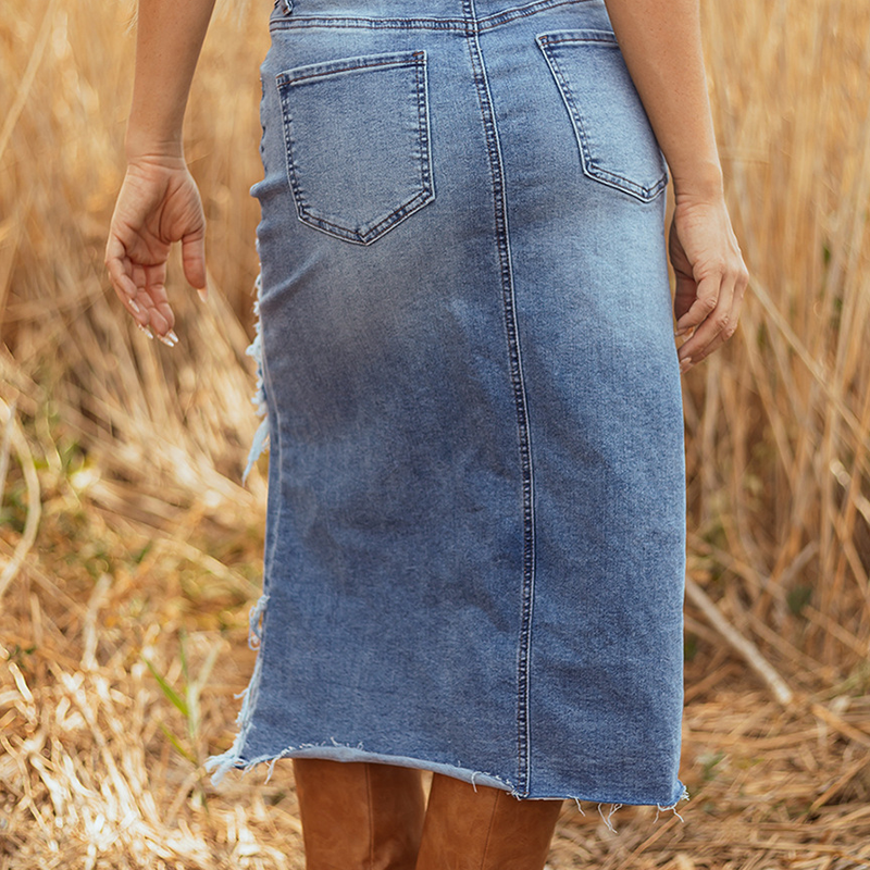 Women's High-Waist Ripped Denim Midi Skirt