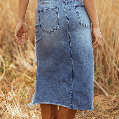 Women's High-Waist Ripped Denim Midi Skirt