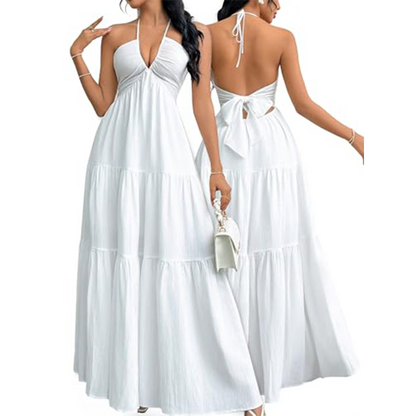 Halter Neck Backless Tiered Maxi Dress