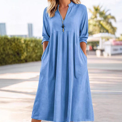 Women's Casual V-Neck Midi Dress with Pockets