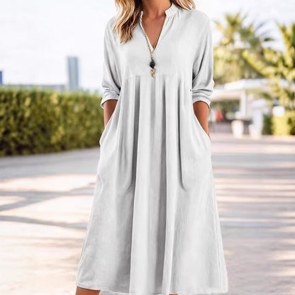 Women's Casual V-Neck Midi Dress with Pockets