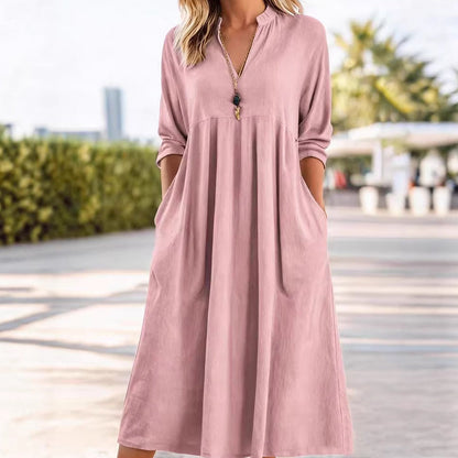 Women's Casual V-Neck Midi Dress with Pockets